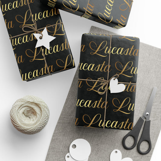 Gift-wrapped packages with decorative tags and scissors on a white surface