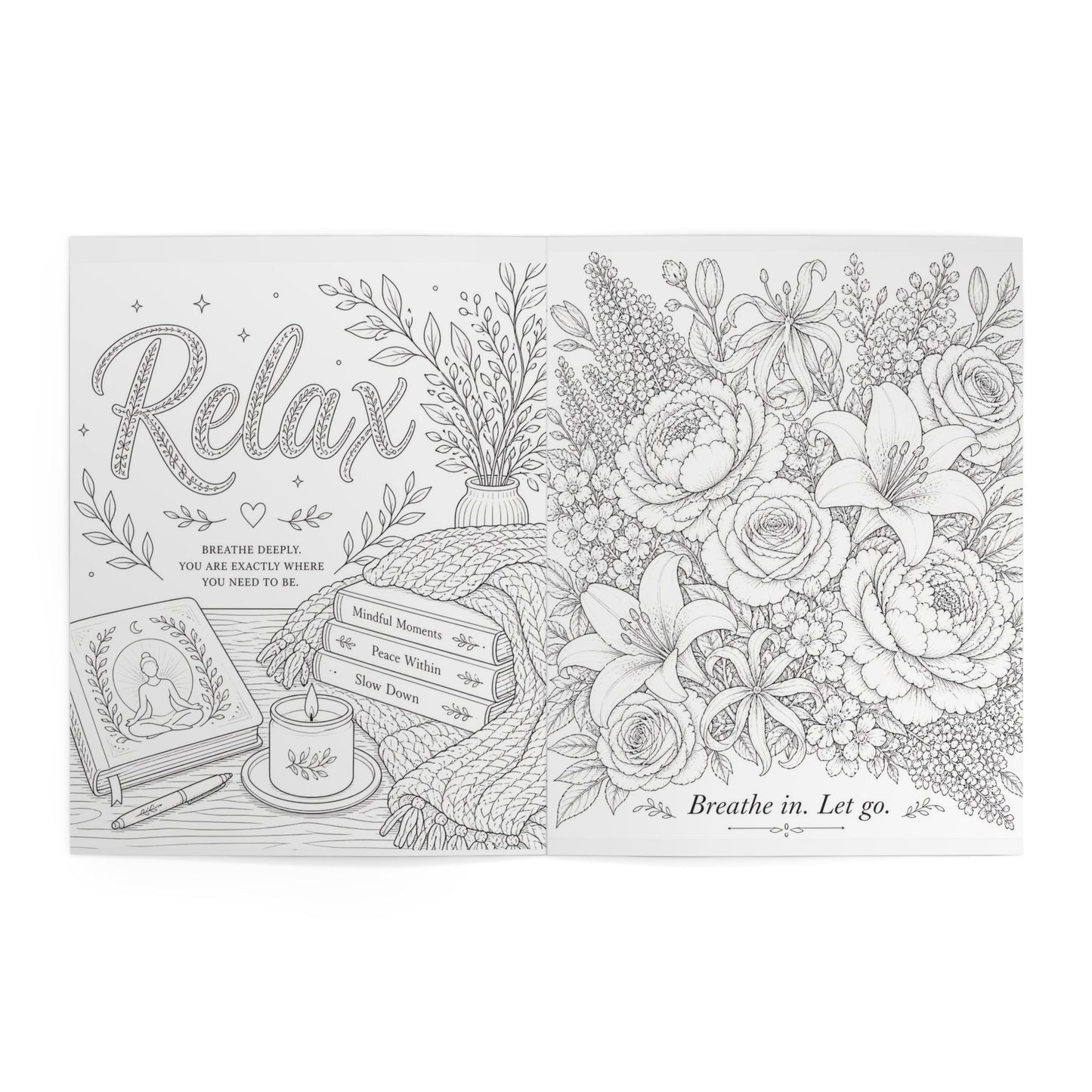 Lucasta Unwind coloring book interior page showing floral design with text and stationery items