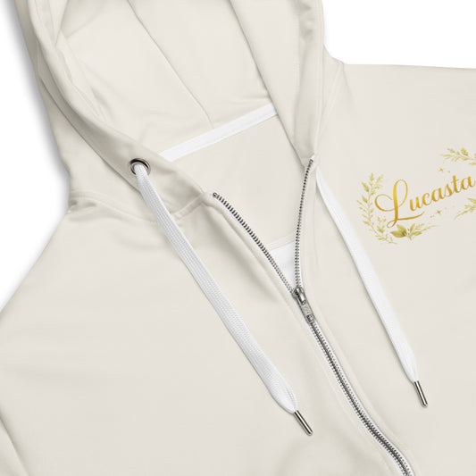 Front view of Lucasta Botanical Zip Hoodie in cream with botanical logo on chest