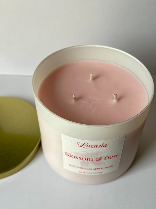 Pink candle in a white container with 'Lucasta' branding on a light background