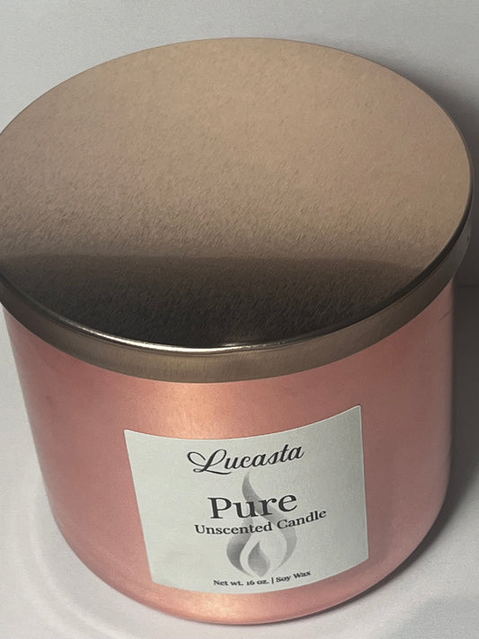 Lucasta Pure unscented 3-wick soy candle in rose gold jar with matching lid, front product view