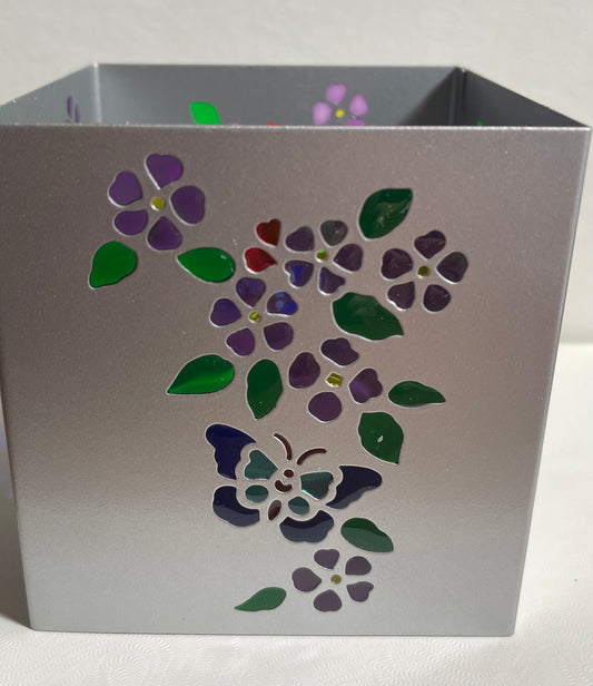 Lucasta silver butterfly and flowers stained glass metal tealight holder, unlit product view