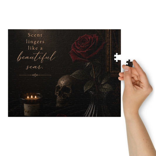 Lucasta Gothic Floral Puzzle flat lay showing nearly completed puzzle with skull and rose
