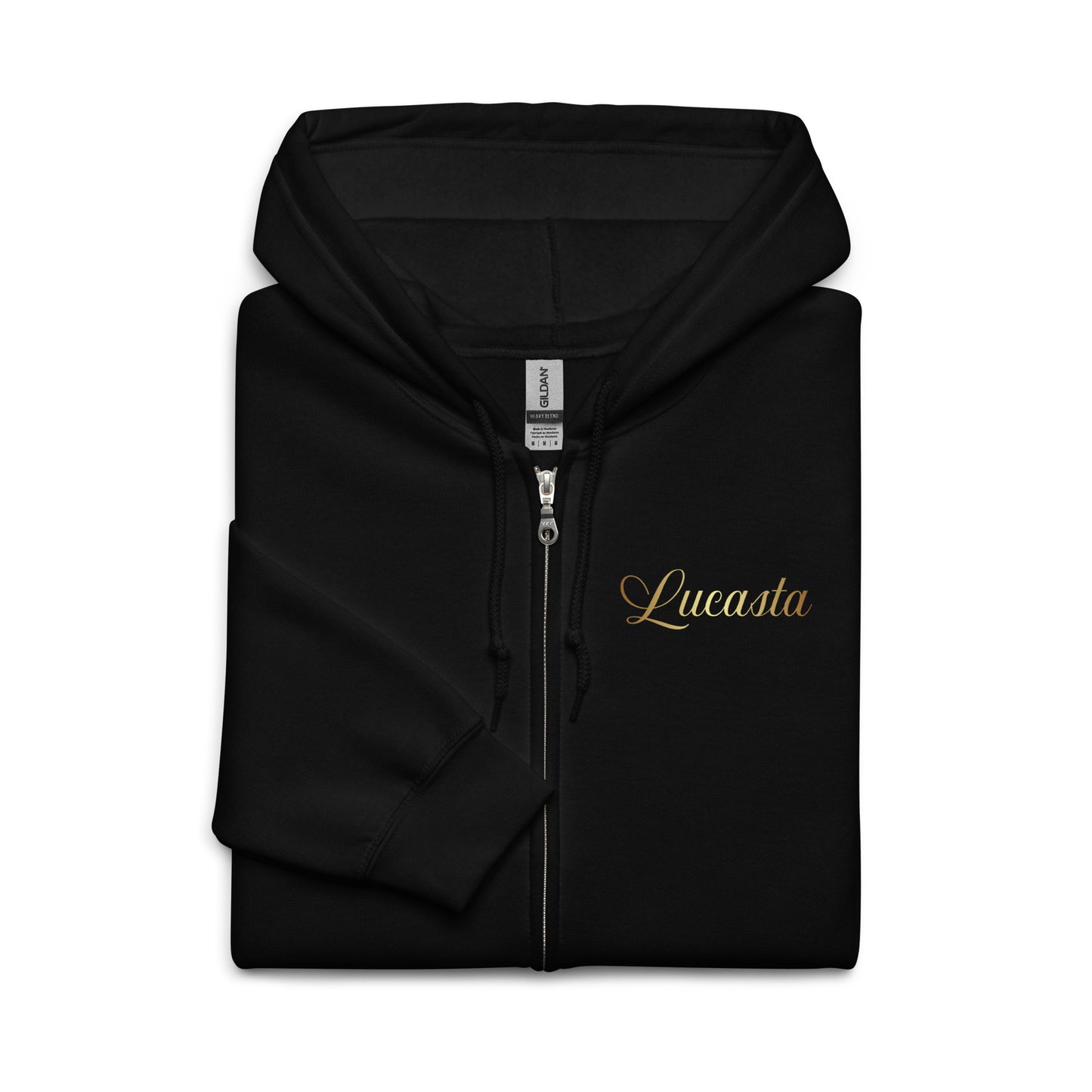 Front view of Lucasta Essentials black zip hoodie showing Lucasta logo on chest