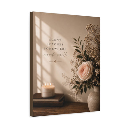 Lucasta Romantic Floral Canvas Art showing floral design and 'Scent Reaches Somewhere Words Can't' text on white background