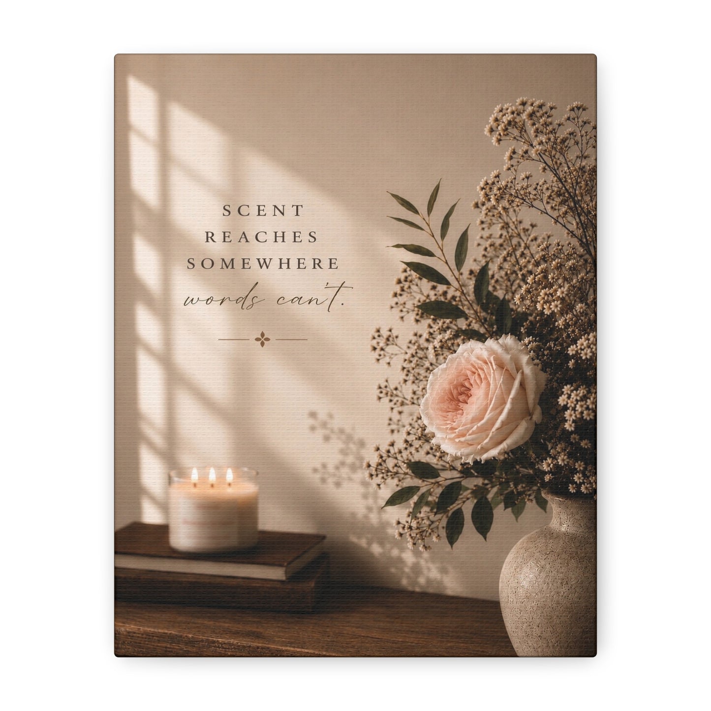Lucasta Romantic Floral Canvas Art styled with flowers, candle, and books on a neutral background