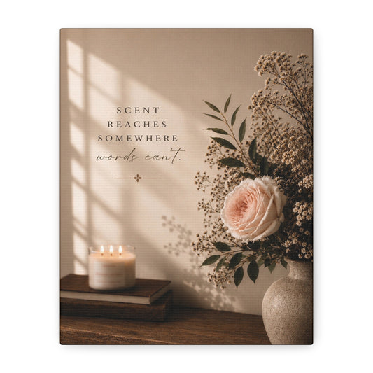 Lucasta Romantic Floral Canvas Art styled with flowers, candle, and books on a neutral background