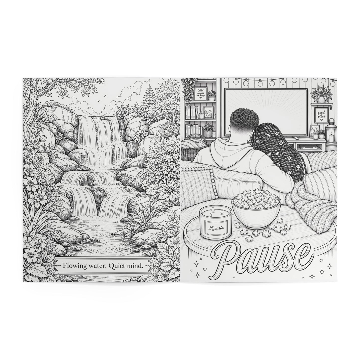 Lucasta Unwind coloring book interior page showing couple watching TV with popcorn and candle, nature scene alongside