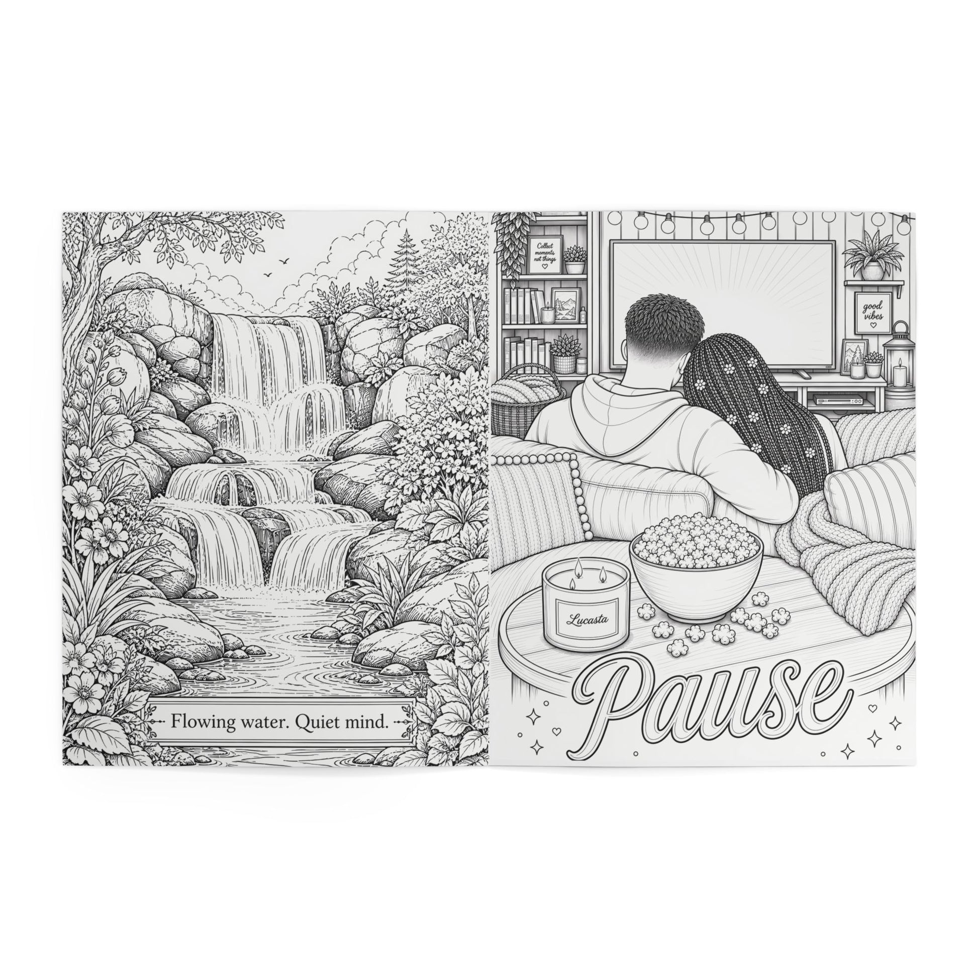 Lucasta Unwind coloring book interior page showing couple watching TV with popcorn and candle, nature scene alongside