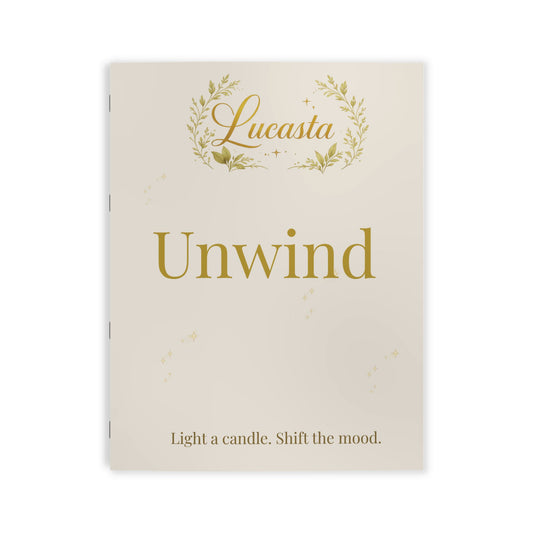 Book titled 'Unwind' by Lucasta with decorative elements on a white background