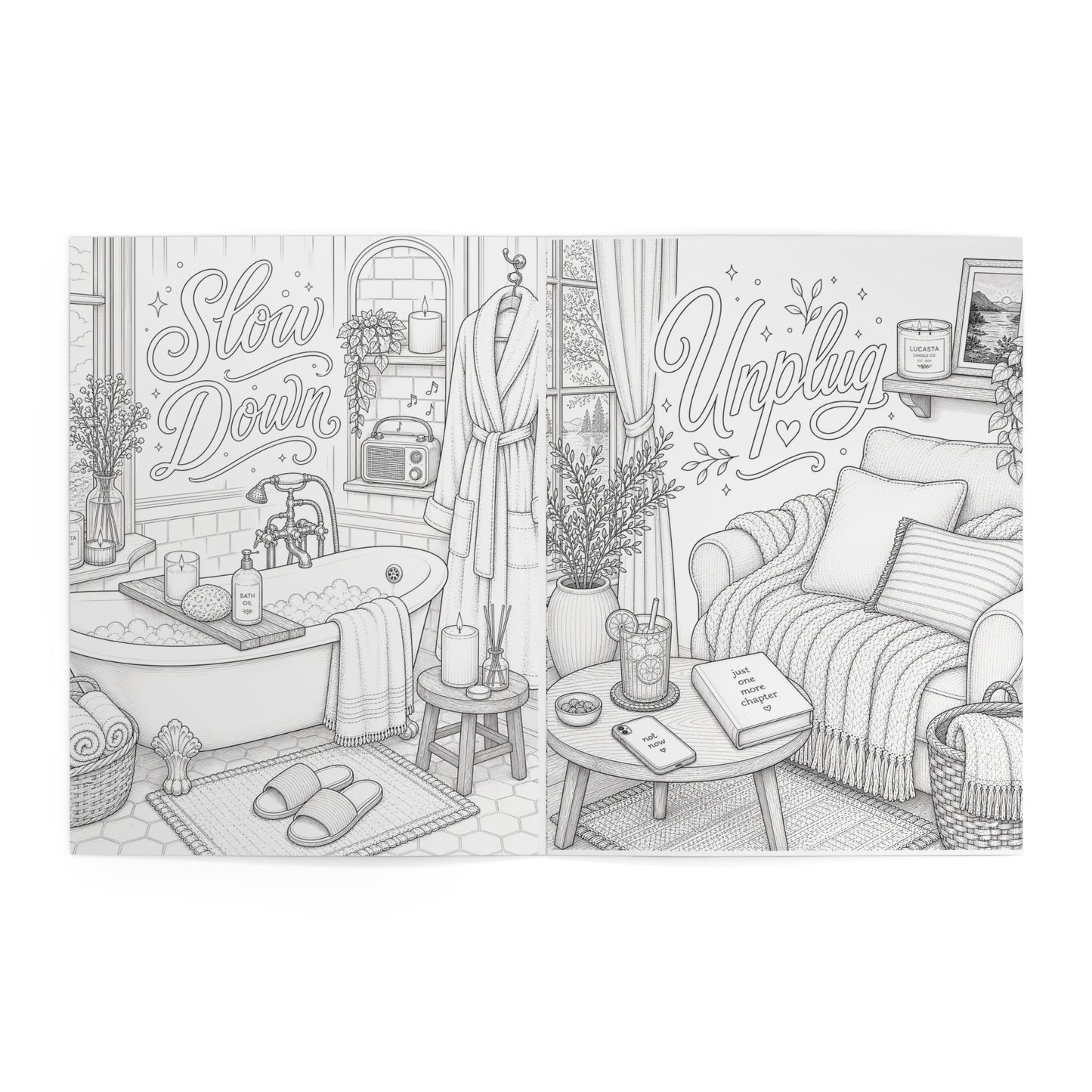Lucasta Unwind coloring book interior page showing cozy living room scene with 'Slow Down' and 'Unplug' text