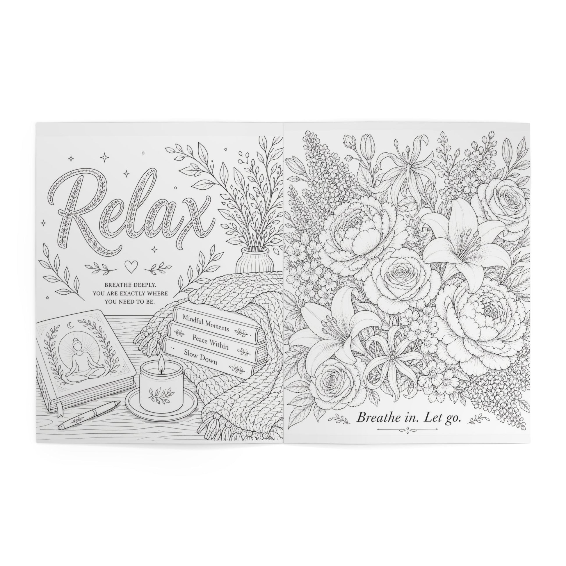 Lucasta Unwind coloring book interior page showing floral design with text and stationery items