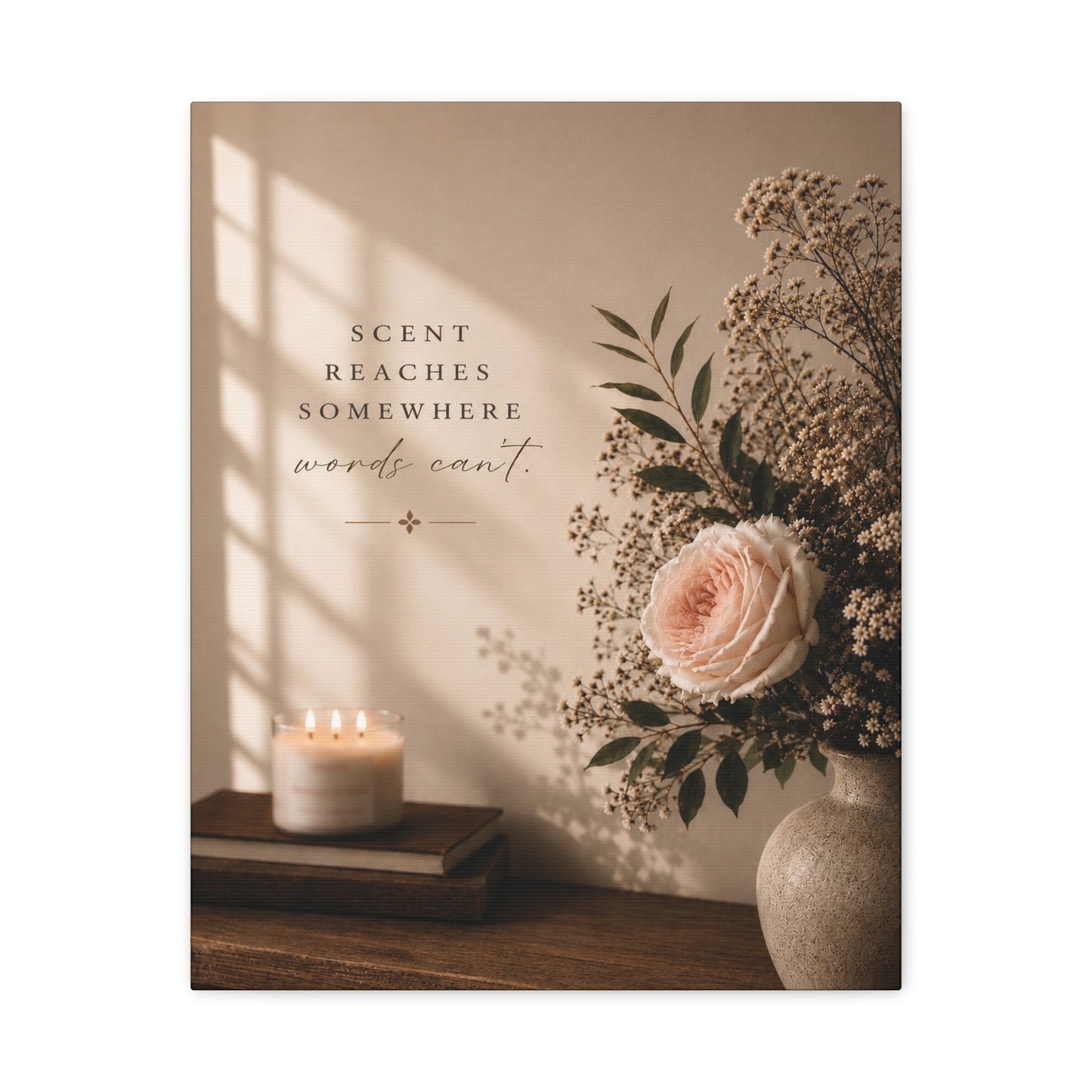 Lucasta Romantic Floral Canvas Art with candle, books, and flowers styled on a wooden surface
