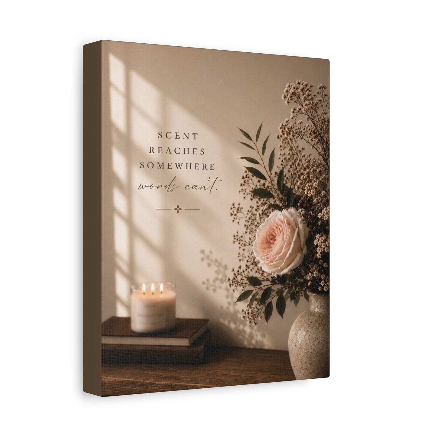 Lucasta Romantic Floral Canvas Art displayed on a shelf with candle and books against a wall