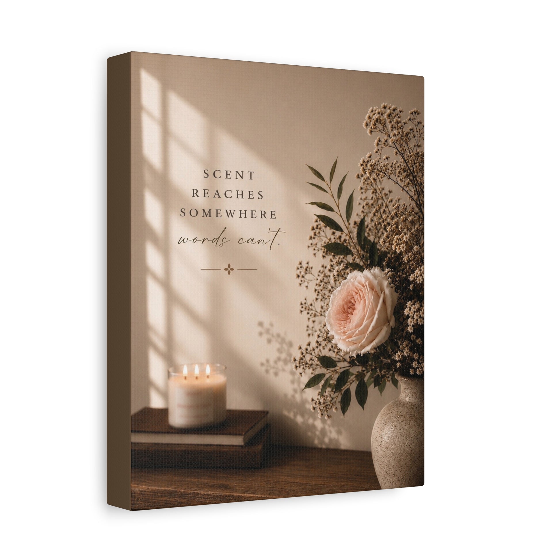 Lucasta Romantic Floral Canvas Art displayed on a shelf with candle and books against a wall