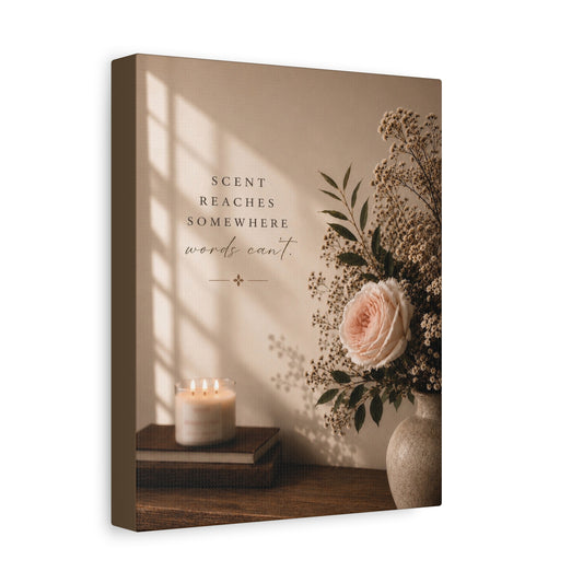 Lucasta Romantic Floral Canvas Art displayed on a shelf with candle and books against a wall