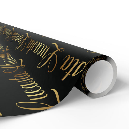 Roll of black wrapping paper with gold text on a white background