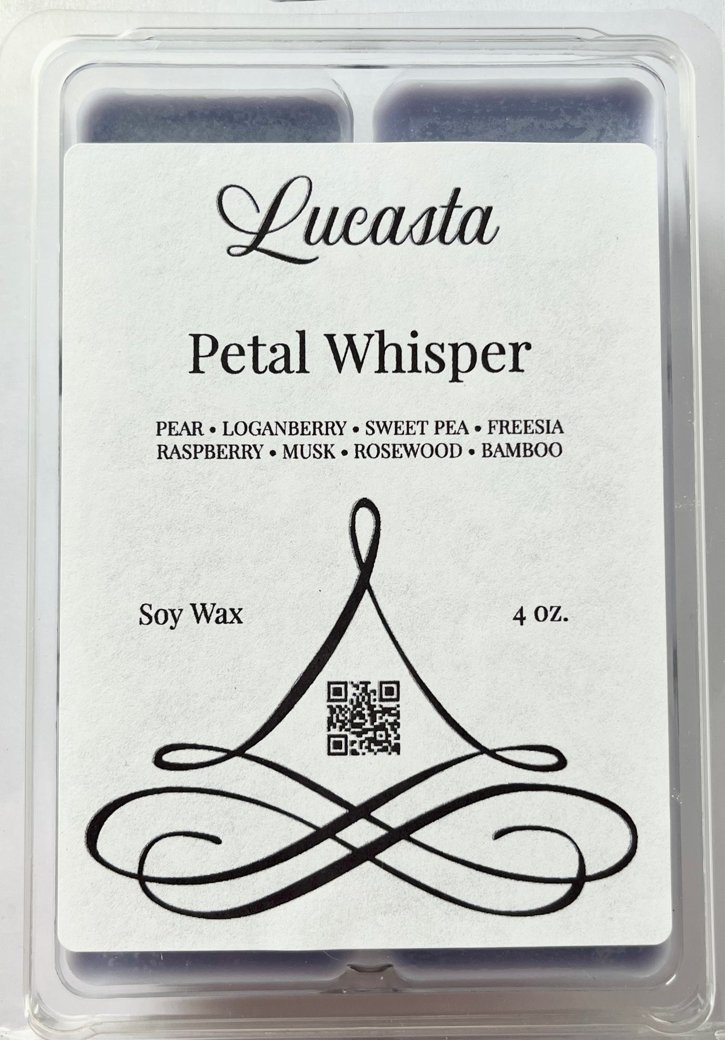 Lucasta Petal Whisper wax melt packaging label showing scent details and product information