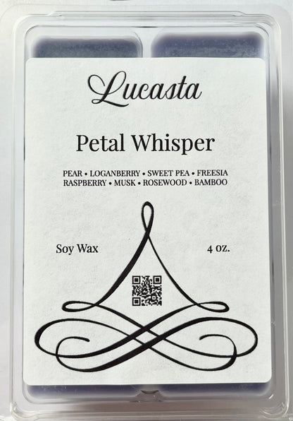 Lucasta Petal Whisper wax melt packaging label showing scent details and product information