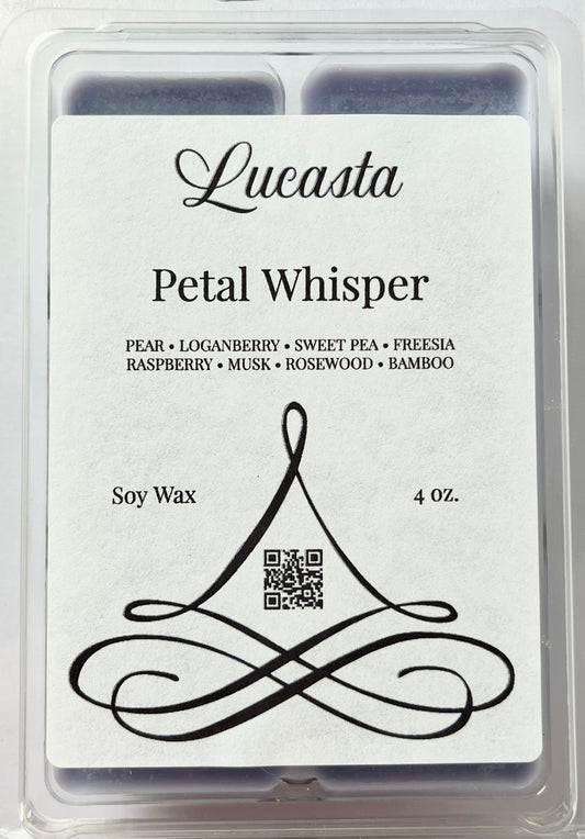 Lucasta Petal Whisper soy wax packaging with product details.
