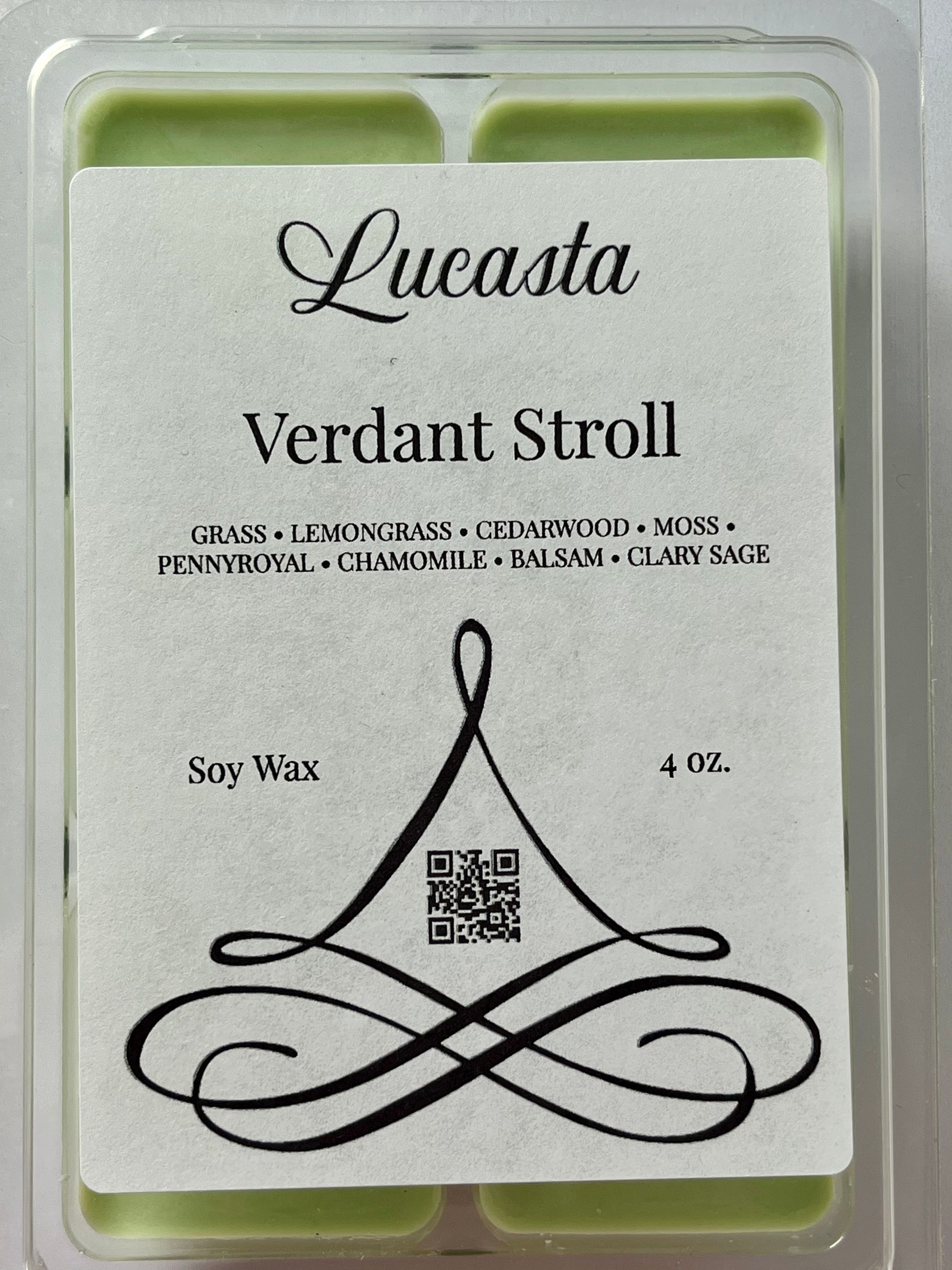 Lucasta Verdant Stroll wax melt packaging label showing scent details and QR code