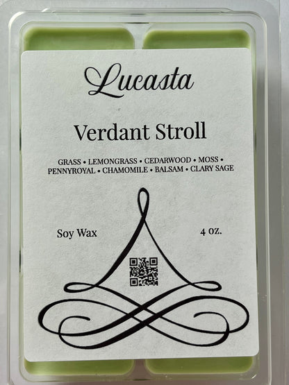 Lucasta Verdant Stroll wax melt packaging label showing scent details and QR code