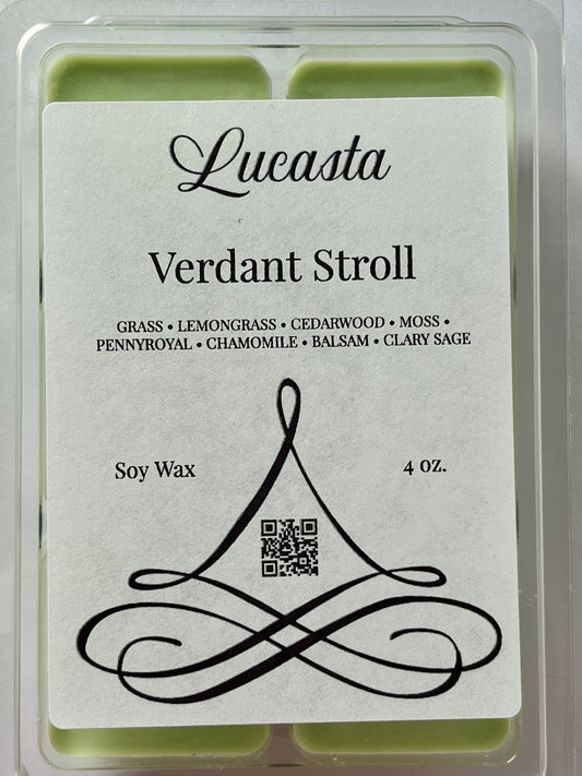 Lucasta Verdant Stroll soy wax packaging with label and QR code.