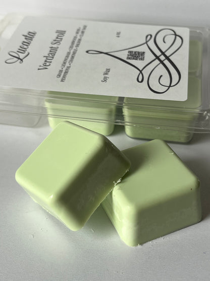Lucasta Verdant Stroll light green wax melts with branded packaging on a gray background