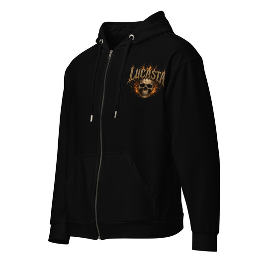 Black hoodie showing skull and flames logo on front by Lucasta