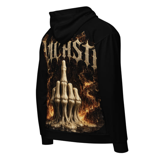 Black hoodie showing skeletal middle finger and flames on back by Lucasta