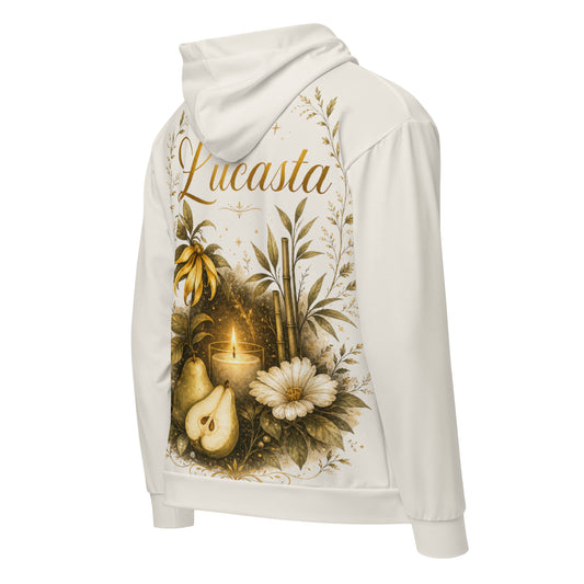 Cream hoodie with Lucasta botanical design on back