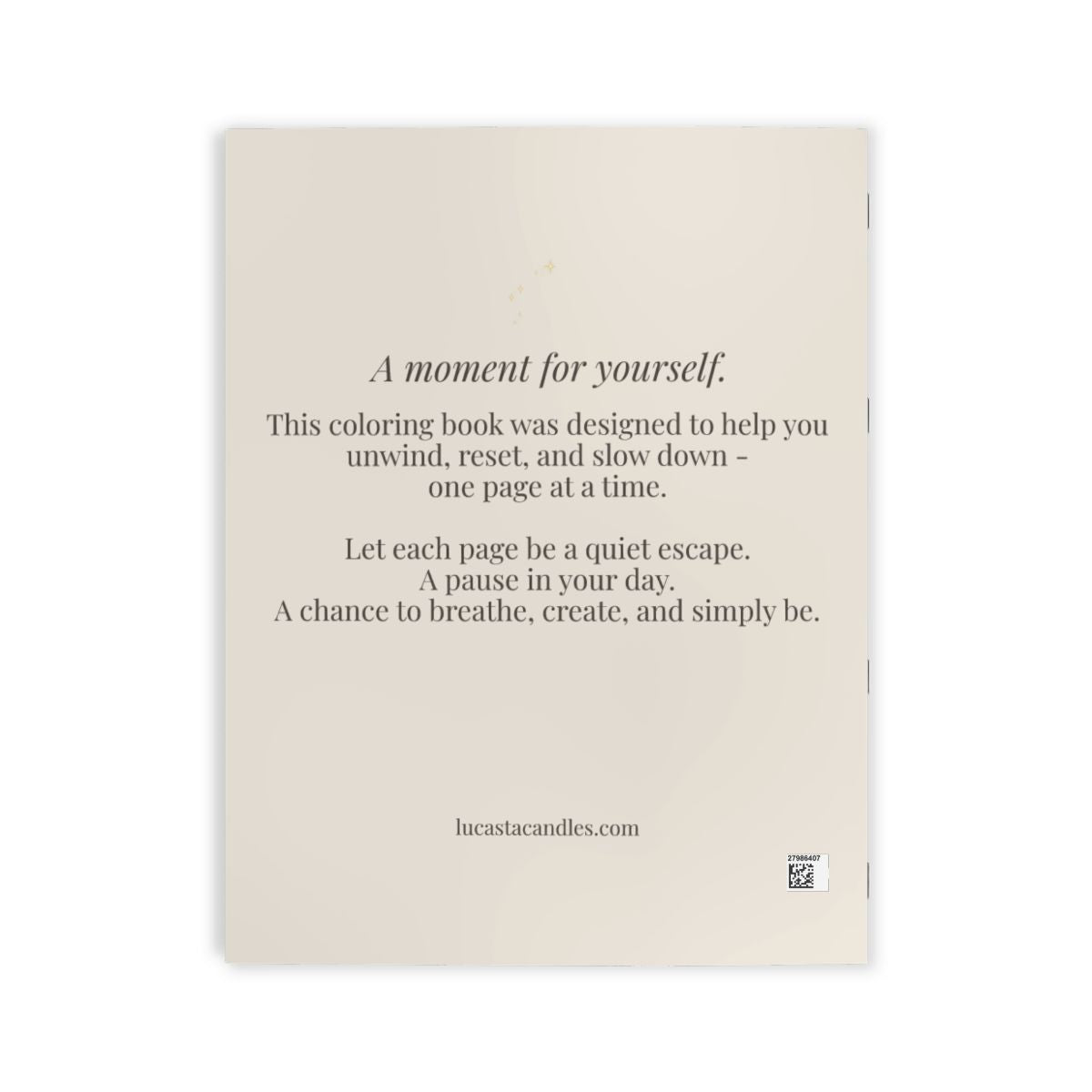 Lucasta Unwind coloring book showing beige back cover with subtitle text