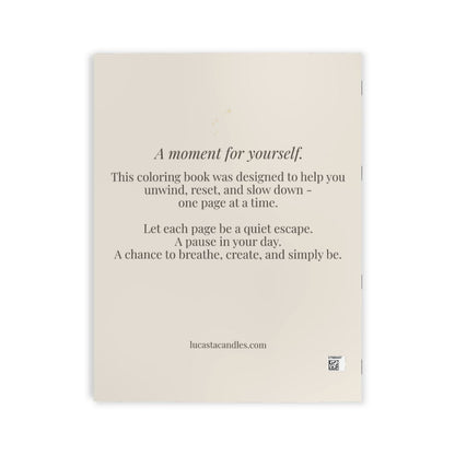 Lucasta Unwind coloring book showing beige back cover with subtitle text