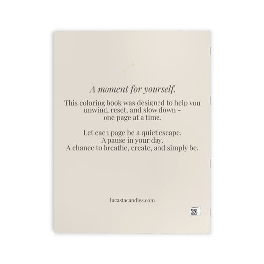 Lucasta Unwind coloring book showing beige back cover with subtitle text