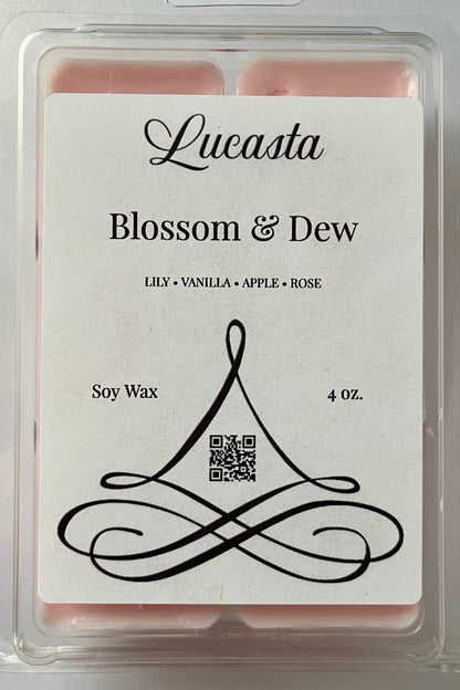 Lucasta Blossom & Dew wax melt packaging label with scent details and QR code