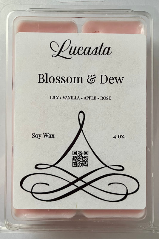 Lucasta Blossom & Dew soy wax packaging with a QR code on a white background