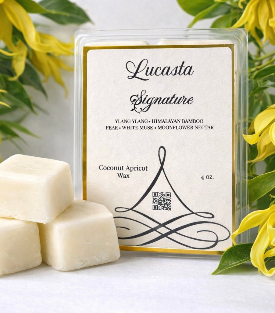 Lucasta Signature wax melts with branded packaging and yellow flowers, lifestyle product shot