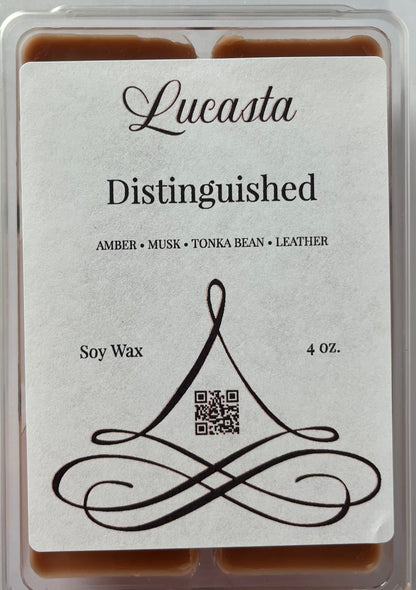 Lucasta Distinguished wax melt packaging label showing scent details and product information