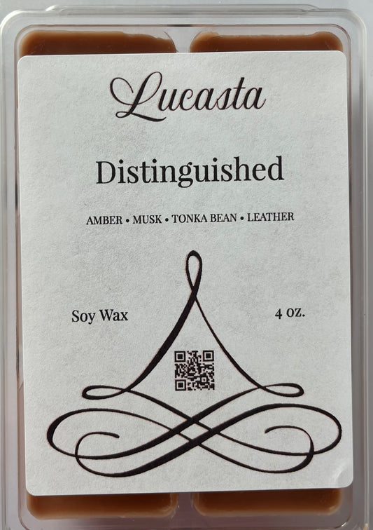 Lucasta Distinguished soy wax packaging with branding and product details.