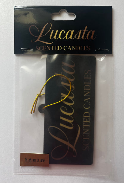 Lucasta Signature air freshener in black and gold packaging, front product view