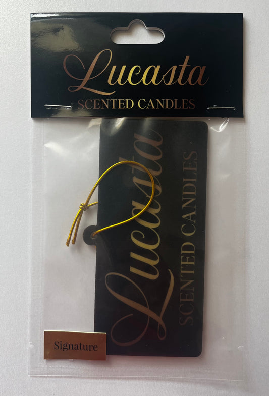 Lucasta Signature air freshener in black and gold packaging, front product view