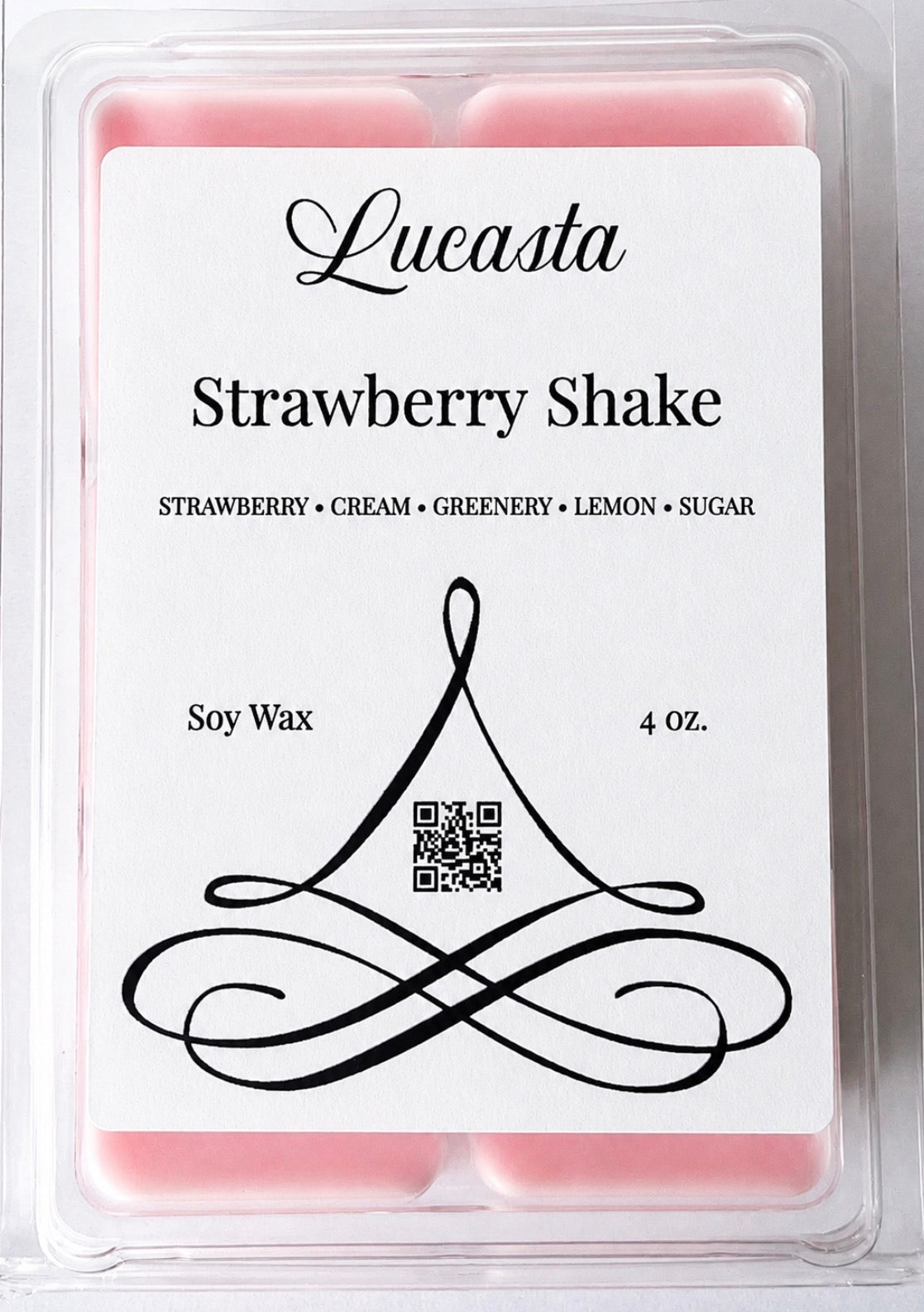 Lucasta Candles Strawberry Shake soy wax melts, 4 oz clamshell pack with scent notes label showing strawberry, cream, greenery, lemon, and sugar