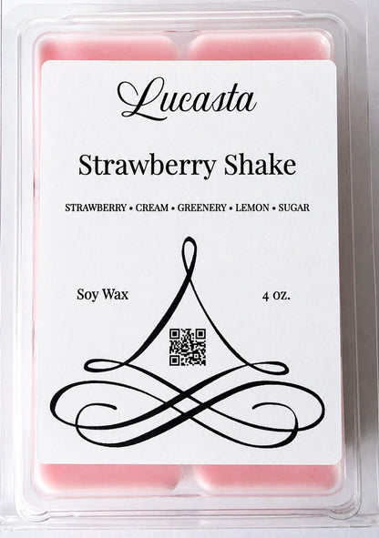 Lucasta Candles Strawberry Shake soy wax melts, 4 oz clamshell pack with scent notes label showing strawberry, cream, greenery, lemon, and sugar
