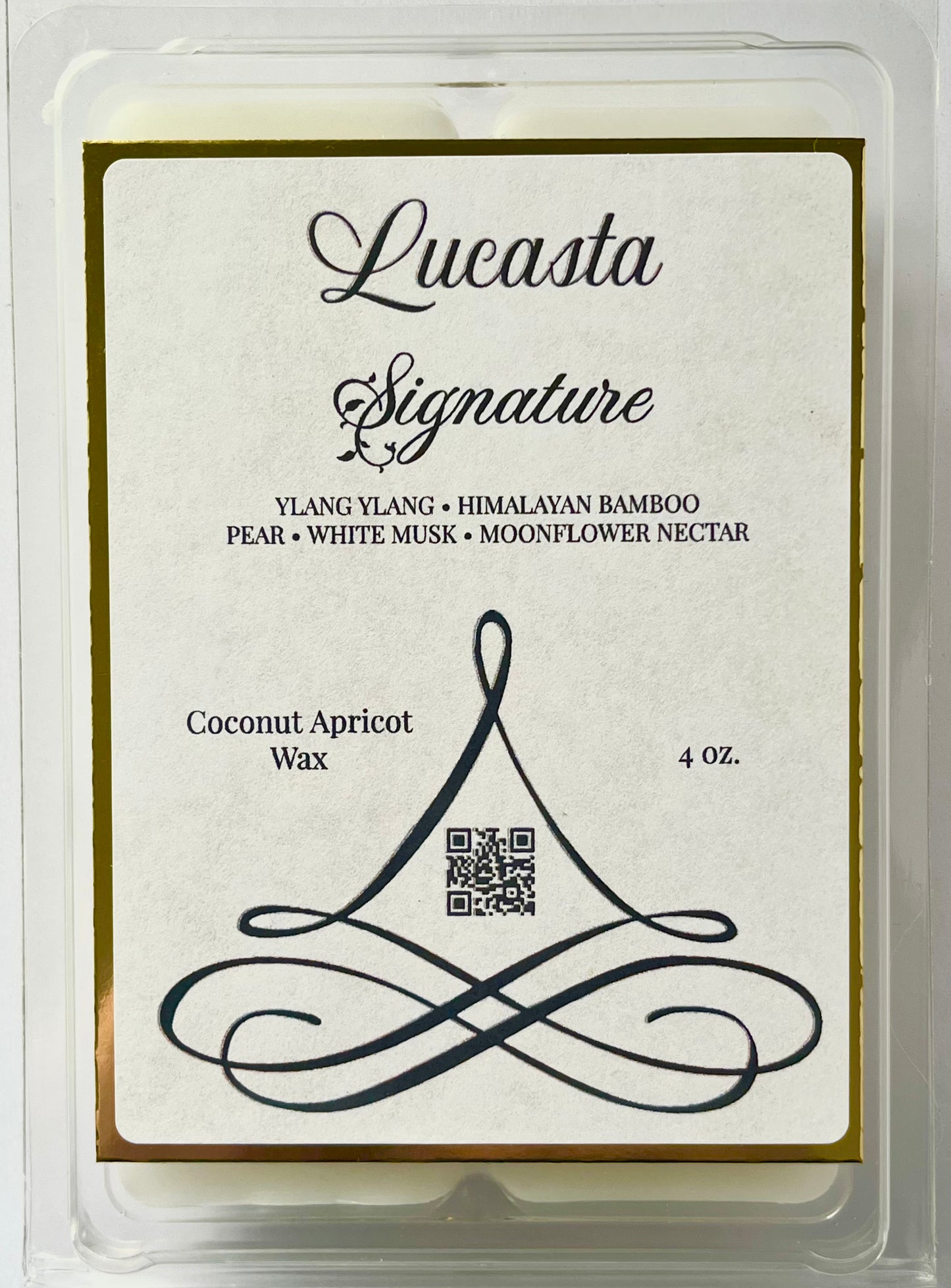 Lucasta Signature wax melt packaging label showing scent details and product information