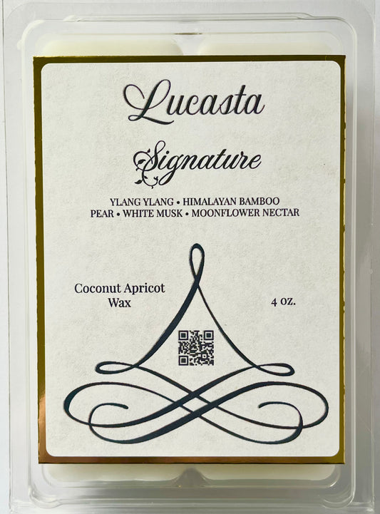 Lucasta Signature wax melt packaging with branding and product details.
