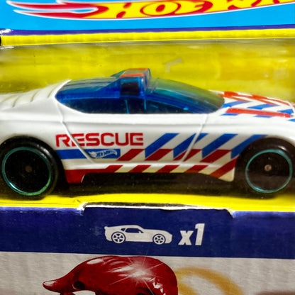 A Hot Wheels toy car in its original blister packaging, featuring a white sports car with red and blue 'RESCUE' livery, a translucent blue roof, and black wheels with teal rims.