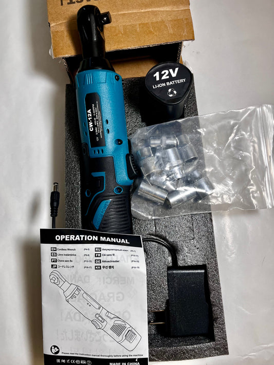 12V cordless ratchet wrench kit with battery, sockets, charger, and manual