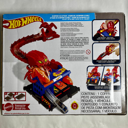 Back of a Hot Wheels toy packaging box showing the assembled red scorpion flex attack track set, with product images, instructions, and Mattel branding on a white background.