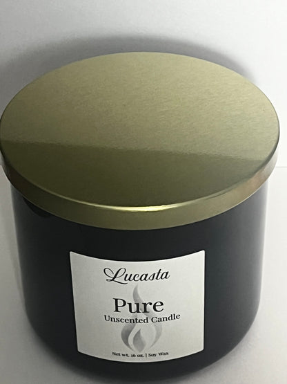 Lucasta Pure unscented 3-wick soy candle in glossy black jar with gold lid, front product view