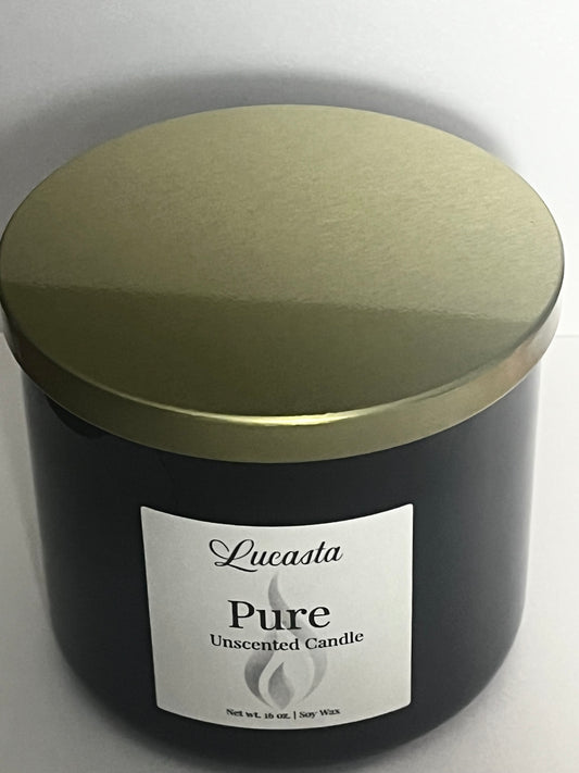 Lucasta Pure unscented soy candle in glossy black jar with gold lid